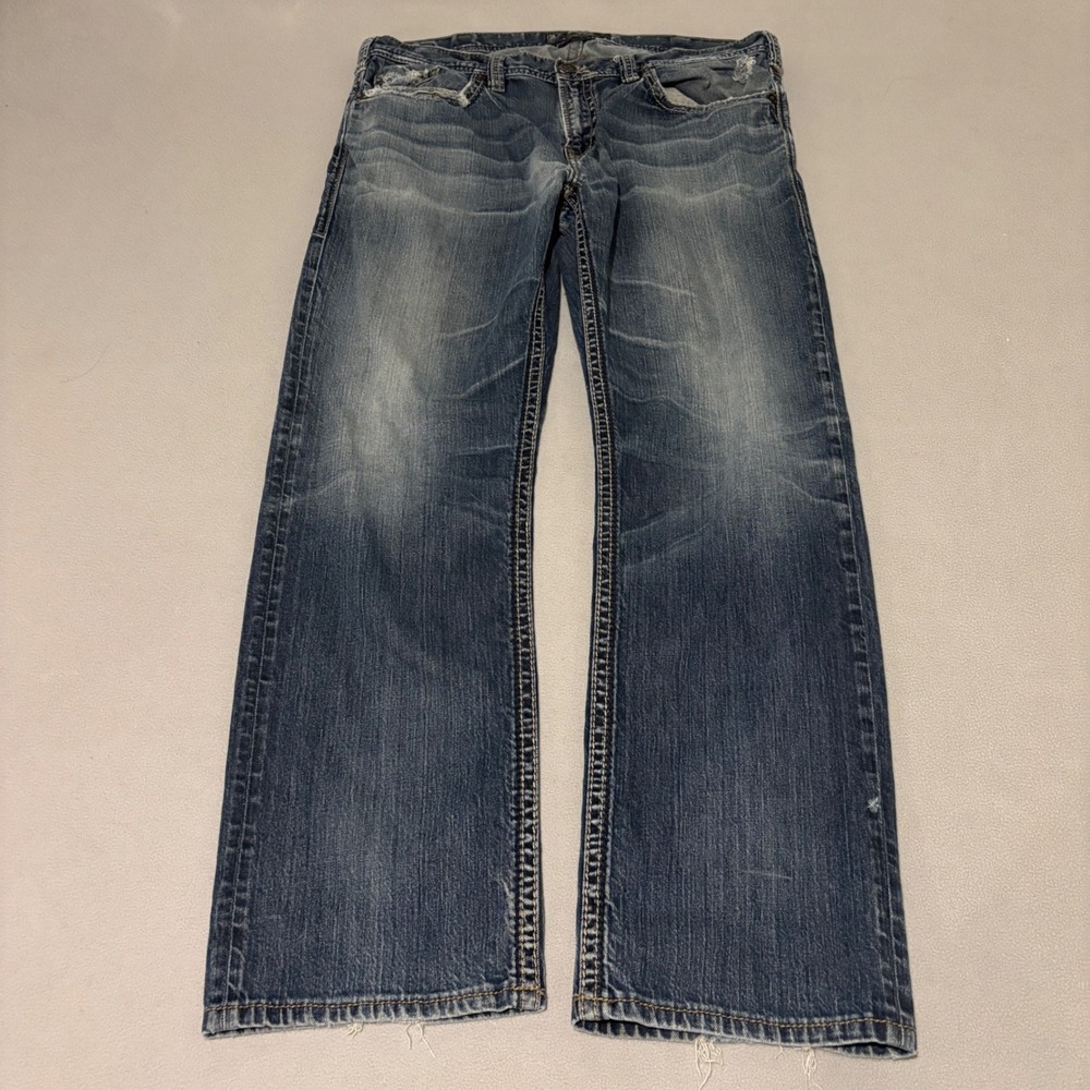 Silver Jeans Co Grayson Easy Fit Straight Distressed Mens 38x34 Blue‎ Grunge Y2K